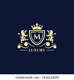 M Letter Gold luxury vintage monogram floral decorative logo with crown design template Premium Vector. Logotype for uses in different spheres. Fashion, royalty, boutique.