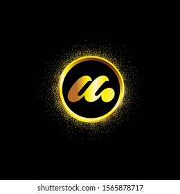 M letter golden icon in middle of golden sparking ring. M logo sign with empty center. Golden sparkling ring with dust glitter graphic on black background. Glorious decorative glowing shiny design.