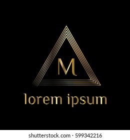 M letter golden vector logo template. Triangle frame