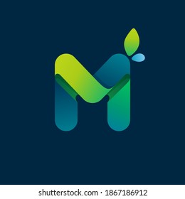 M letter green gradient eco logo. Vector one line colorful typeface for agriculture branding design, spring labels, garden posters, environment identity etc.