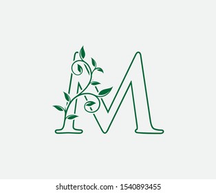 M Letter. Green Leaf Letter M Logo Vector,  Eco Bio Leaf Letter Icon Illustration Logo.