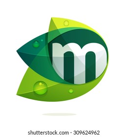 M letter with green leaves and dew drops. Vector design template elements for your application or corporate identity.