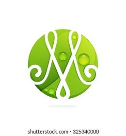 M letter with green leaves and dew drops. Vector design template elements for your application or corporate identity.