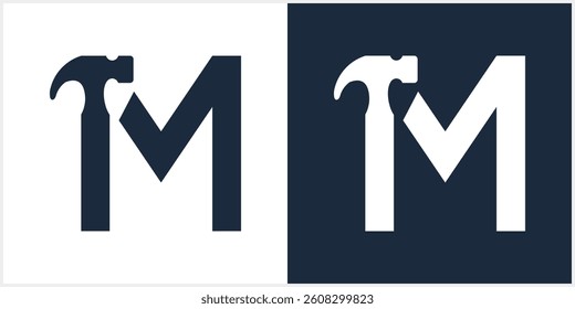 M Letter hammer  logo construction vector Alphabet template illustration