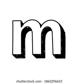 M letter hand-drawn symbol. Vector illustration of a small English letter m. Hand-drawn black and white  Roman alphabet letter m typographic symbol. Can be used as a logo, icon