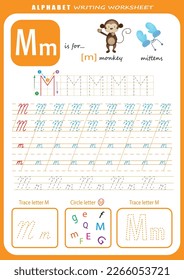 Hoja de trabajo de práctica de escritura a mano de cartas M. Hoja de cálculo de seguimiento de letras de alfabeto para niños con juegos e ilustraciones brillantes. Página Aprendiendo actividad alfabética. Plantilla imprimible.