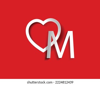 m letter with a heart on red background for lovers and friends
