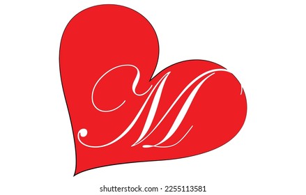 M letter with a heart on red background for lovers and friends