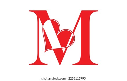 M letter with a heart on red background for lovers and friends Valentines Day Love Abstract Character Font Letter M .