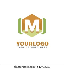M letter hexagonal shape frame tech industry logo template. 