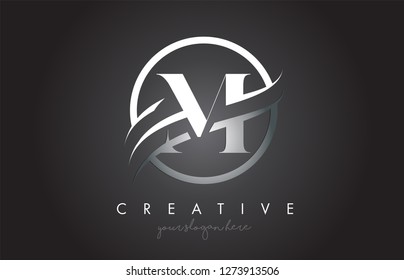 M Letter Icon Logo Design with Circle Steel Swoosh Border and Metal Texture. Creative M Design Vector Illustration.