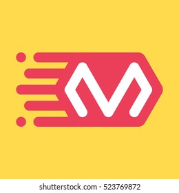 M letter icon on space ship plate, flat pictogram, 2d vector logo illustration, eps 10