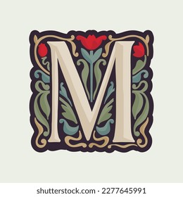 M letter illuminated initial with curve leaf ornament and tulips. Medieval dim colored fancy drop cap logo. Gothic heraldry blackletter dark-age emblem. Perfect for luxury calligraphy with pattern.