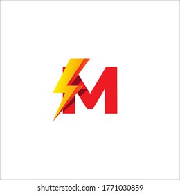 M Letter Initial Logo Design Template. Alphabet with Thunder Shape Logo Concept. Hot Red and Yellow Orange Gradation Color Theme. Isolated On White Background.