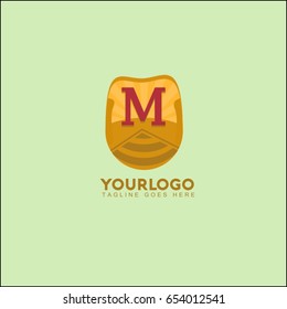 M letter landscape vector illustration with mountain, sun and road. Vintage brand identity.