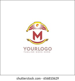 M letter landscape vector illustration. Vintage sunset logo with sun.