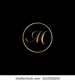 M letter logo for any purpose usage. This is a single letter Gold color logo inside an ellipse in Black background.