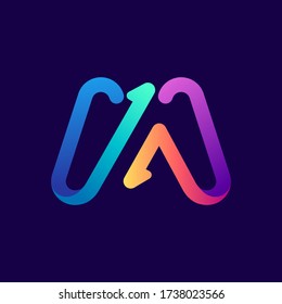 M letter logo with arrows. Vector bright gradient font for sport labels, bets headlines, multimedia posters, business cards etc.