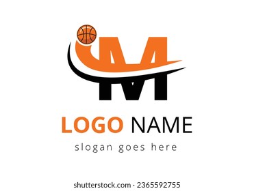 M Letter Logo With Basketball Ball. Sports Symbol Vector Template Design