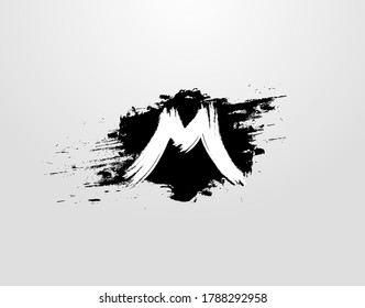 M Letter Logo in Black Grunge Splatter Element. Retro Rusty logo design template.