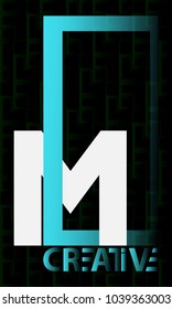 M Letter logo bold with blue rectangle isolated on black texture background.