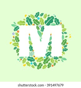 M letter logo in a circle of oak leaves and acorns. Summer font style, vector design template elements for your ecology application or corporate identity.