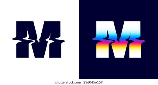 M letter logo with color glitch. Neon double exposure style. Multicolor gradient sign with hologram and illusion effect. Glowing color shift vector icon for nightlife labels, game screens, vibrant adv