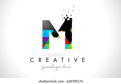 M Letter Logo with Colorful Vivid Triangles Texture Design Vector Illustration.