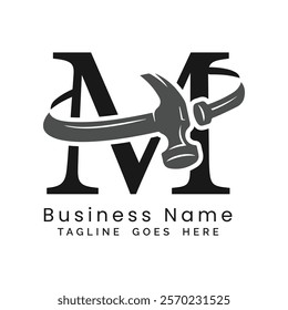 M Letter logo construction vector for woodworking company. Alphabet M hammer template illustration