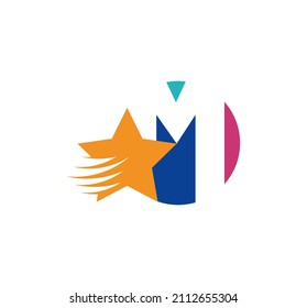 M letter logo and creative flying star. Corporate logo initials in round emblem. Speed ​​effect star vector illustration. Corporate brand identity. white background.