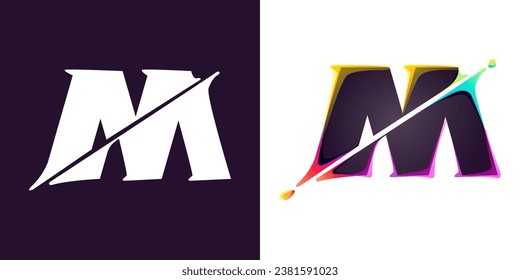 M letter logo letter with cyber distortion, color shift effect. Multicolor gradient type. Neon glitch illusion icon. Colorful font for futuristic tech heading, video game screen, vibrant gambling art.