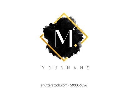 M Letter Logo Design with Black ink Stroke over Golden Square Frame.