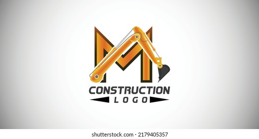 M letter logo design for construction with excavator