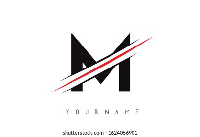 M Letter Logo Design cutted in the middle with a red line and with sharp edges.  Creative logo design. Fashion icon design template.
