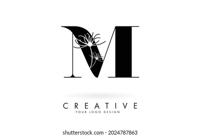 Diseño del logotipo de letra M con ilustración vectorial de flores elegantes y abstractas. Icono creativo con letra M.