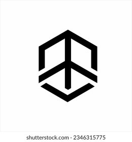 Diseño del logotipo de letra M con hexágono y símbolo de paz.
