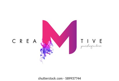 M Letter Logo Design with Ink Cloud Flowing Texture and Purple Colors.