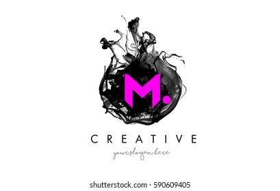 M Letter Logo Design with Ink Cloud Flowing Texture and Purple Colors.