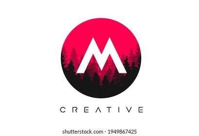 M Letter Logo Design with Pine Forest Vector Shapes and Red Circular shape Color Illustration