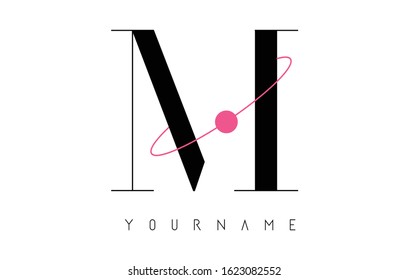 M Letter Logo Design with a Round Pink Eclipse and Dot.