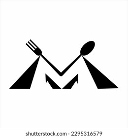 M letter logo design with spoon and fork in pyramid concept.