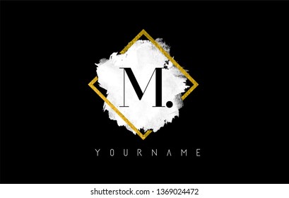 M Letter Logo Design with White ink Stroke over Golden Square Frame.