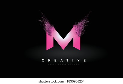 M Letter Logo with Dispersion Effect and Purple Pink Powder Particles Expanding Ash Vector Illustration.