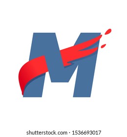 M letter logo with fast speed red flag line. Font style, delivery, sports etc vector design template elements.