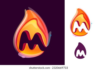 M letter logo in fire flame. Negative space 3D realistic icon. Vibrant initial in overlapping watercolor style. Vector watercolor font for danger labels, multicolor warning posters, sport identity.