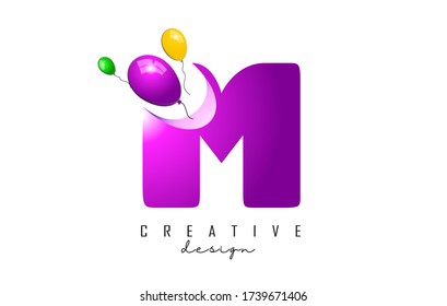 M Letter Logo with flying colorful balloons and 3d Effect Vector Illustration. Balloons illustration with M letter.
