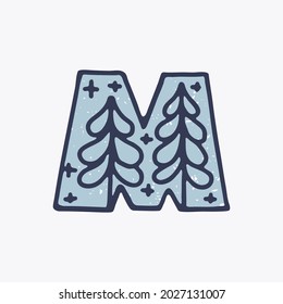 M letter logo with forest in the Nordic folk art style in the background. Scandinavian font for Christmas cards, retro posters, historical banners, cute decorative prints on T-shirts.