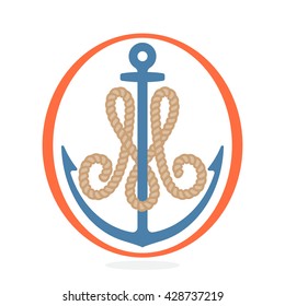 M letter logo formed by rope with an anchor. Vintage badge can be used for a print on fabric, emblem and design elements. 