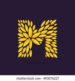 M letter logo formed by gold leaves. Vintage award laurel wreath. Vector triumph and success elements for banner, presentation, web page, card, labels or posters.