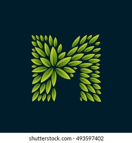 M letter logo formed by fresh green leaves. Vector ecology elements for banner, presentation, card, labels or posters.